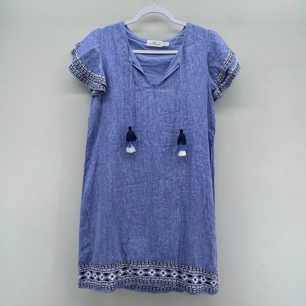 Vineyard Vines Linen Sheath Dress Womens XS Blue Embroidered Flutter‎ Sleeve